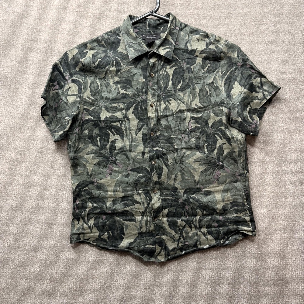 Bloomingdales The Mens Store Shirt Large Green Linen Tropical Camo Casual Floral